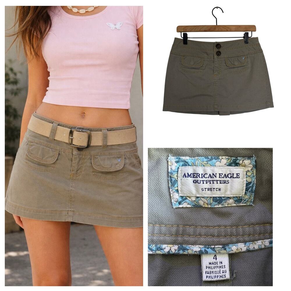 y2k American Eagle Mini Skirt Sz 4 Small Khaki Olive Green Soft Girl